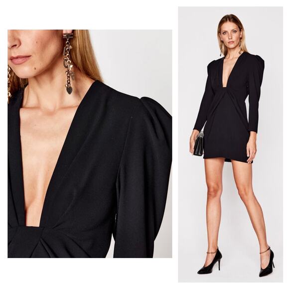 IRO Robiela Black Deep Plunge Puff Sleeve Mini Dress Size Small - Picture 6 of 11